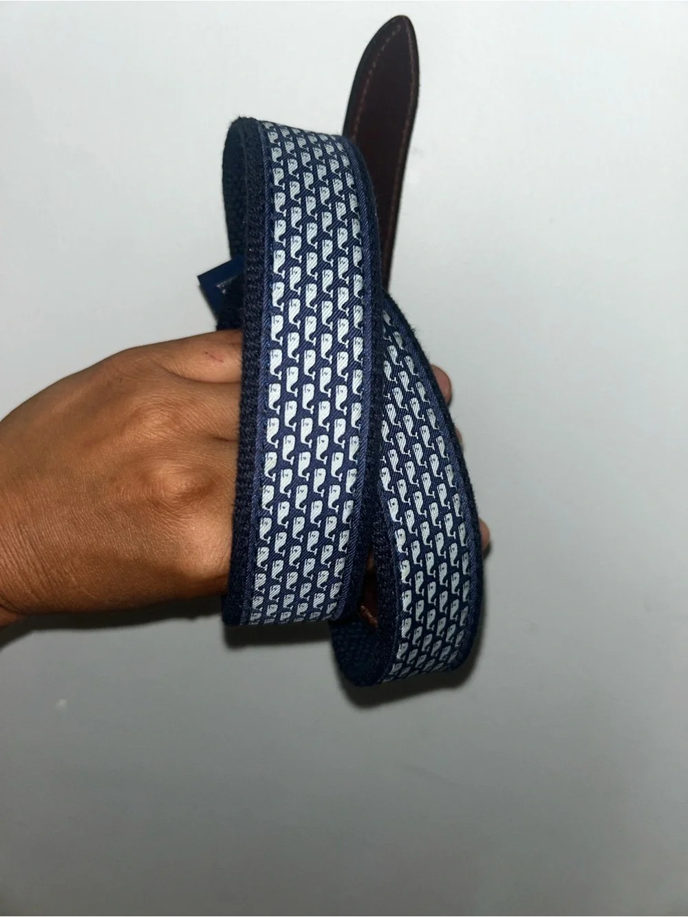 Vineyard Vines Navy & White Whale Woven Kids Belt with Brown Leather